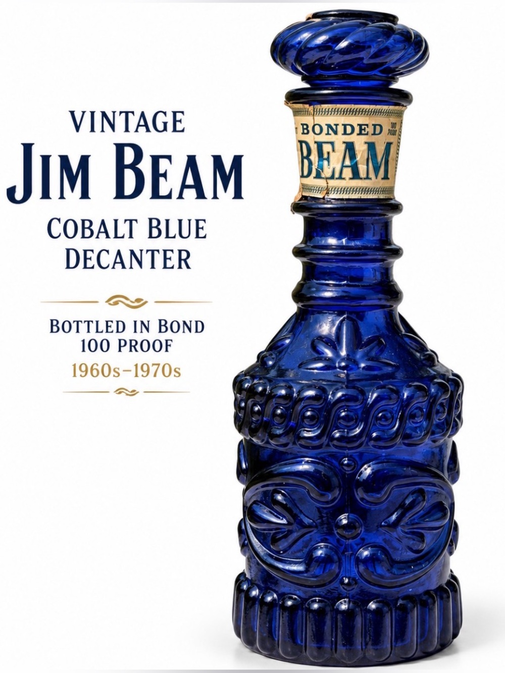 Vintage Jim Beam Bonded Beam Cobalt Blue Glass Decanter 100 Proof w/Stopper. G23